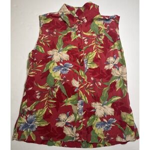 IZOD Red Tropical Floral Sleeveless Button Down 100% Washable Silk Shirt Size 14